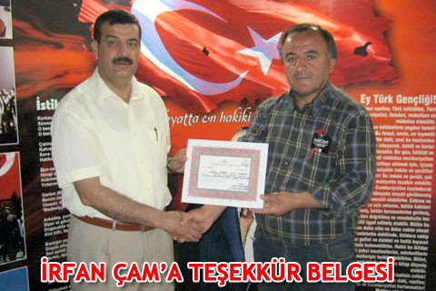 İRFAN ÇAM’A TEŞEKKÜR BELGESİ