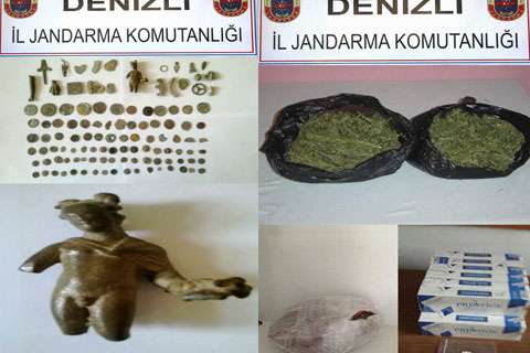 Honaz’da tarihi eser ve esrar operasyonu