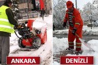 Tabeladan küreklerle kaldırımda kar temizliği