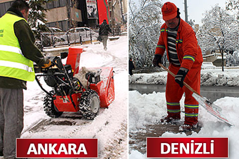 Tabeladan küreklerle kaldırımda kar temizliği