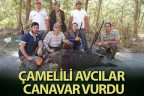 Çamelili avcılar 200 kilogramlık domuz vurdu