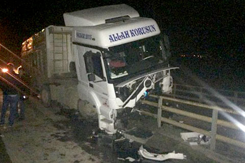 TIR köprü korkuluklarına saplandı