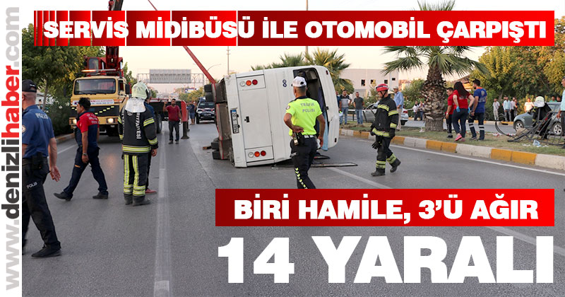 Servis midibüsü ile otomobil çarpıştı: 14 yaralı