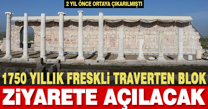 Laodikya Antik Kenti’nde 1750 yıllık freskli travertenler ayağa kaldırıldı