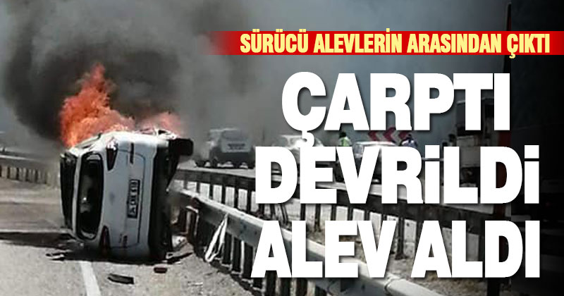 Bariyerlere çarpıp devrilen cip alev aldı