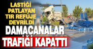 Denizli’de refüje devrilen tırdaki damacanalar yola savruldu