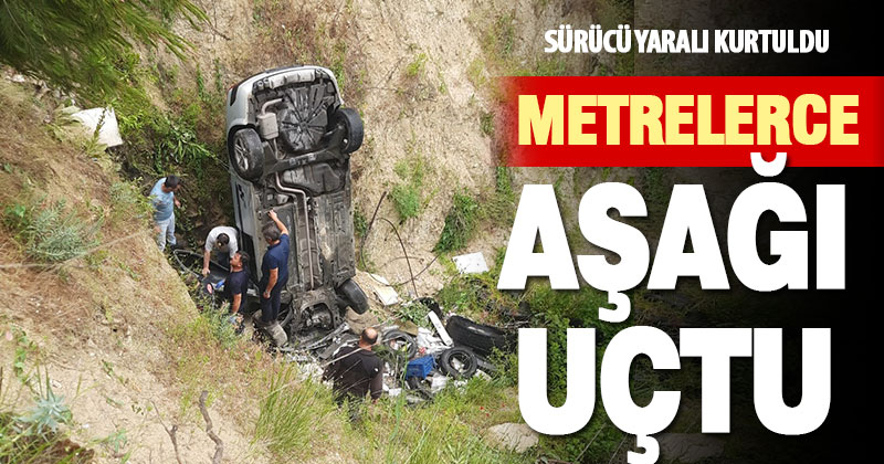 Karşı şeride geçip şarampole uçan otomobili sürücüsü yaralandı