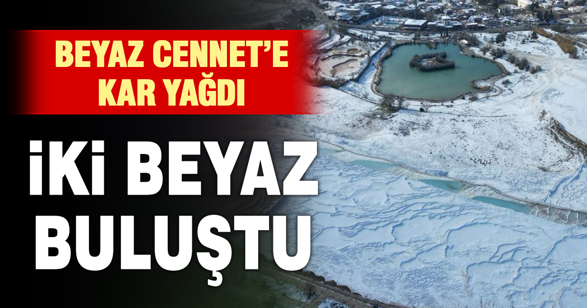 Pamukkale’de kar yağışıyla yeni yılın ilk gününde iki beyaz bir araya geldi