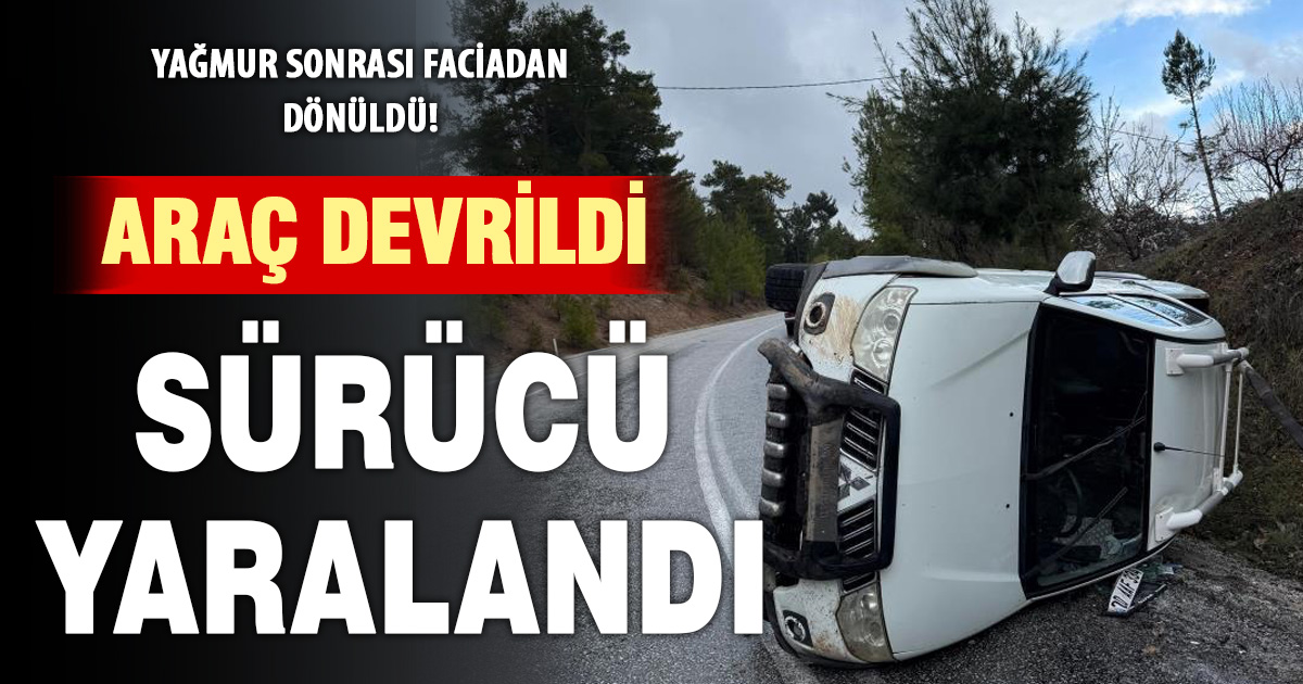 Yağmur sonrası kayganlaşan yolda pikap yan yattı 