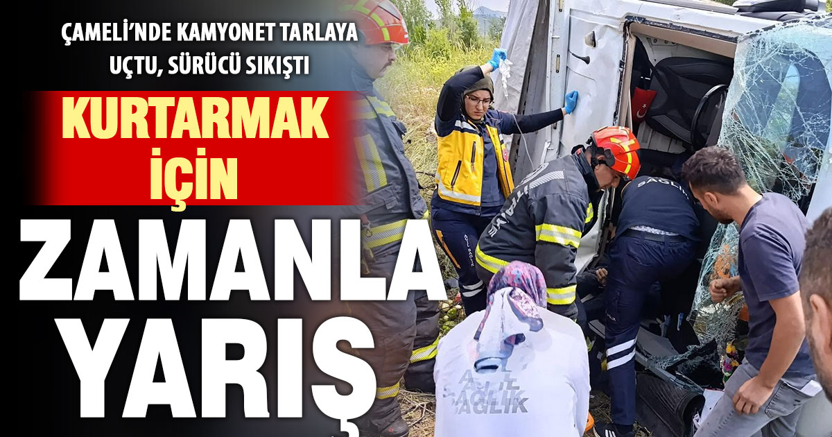 Tarlaya uçan kamyonetin sürücüsü için zamanla yarış