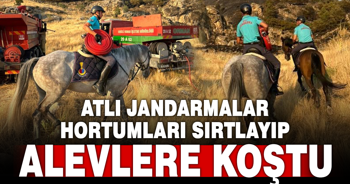 Atlı jandarmalar yangın bölgesine hortum taşıdı